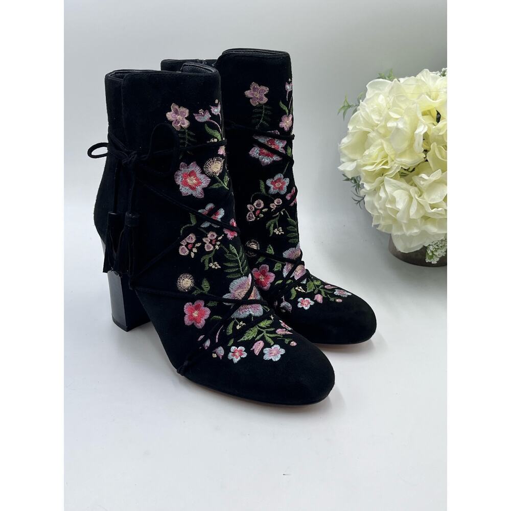 Sam Edelman Black Suede Embroidered Floral Winnie Block Heel Ankle Boots Sz 8
